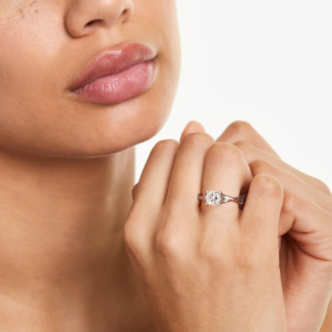 Cushion Lab-Grown Diamond Ring – Twisted Band Holding Design | IGI Certified | 10K/14K/18K Gold