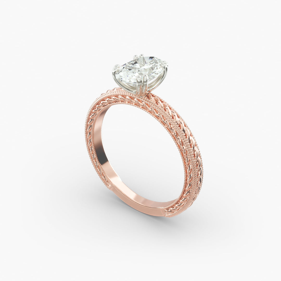 Oval Lab-Grown Diamond Ring – Rope Band with Milgrain | IGI Certified | 10K/14K/18K Gold