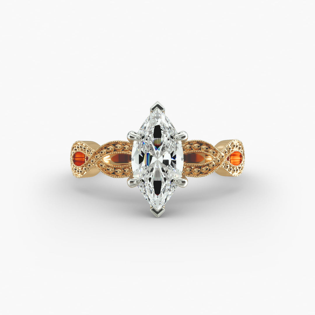 Marquise Lab-Grown Diamond Ring – Twisted Milgrain Band | IGI Certified | 10K/14K/18K Gold