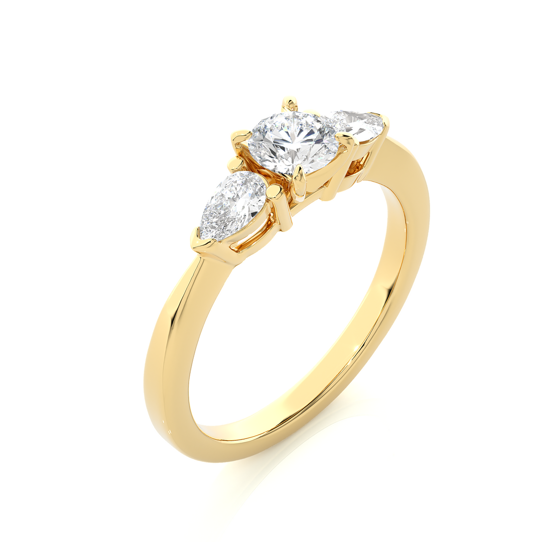 0.99 CT Round Center with Pear Side Lab Grown Diamond Three Stone Ring | 3 Stone Gold Band