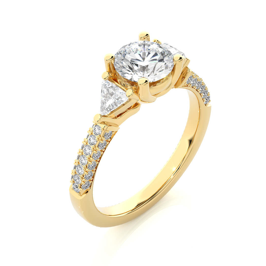 1.43 CT Round Center with Trillion & Round Side Lab Grown Diamond Three Stone Ring | 43 Stone Gold Band