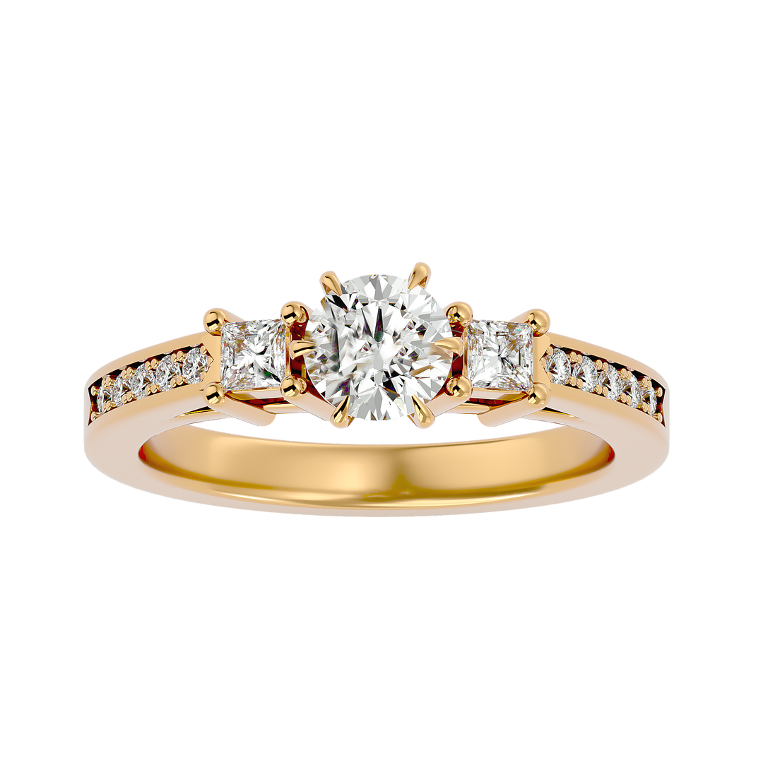 0.85 CT Round Center with Princess Cut Side Lab Grown Diamond Three Stone Ring | 13 Stone Gold Band