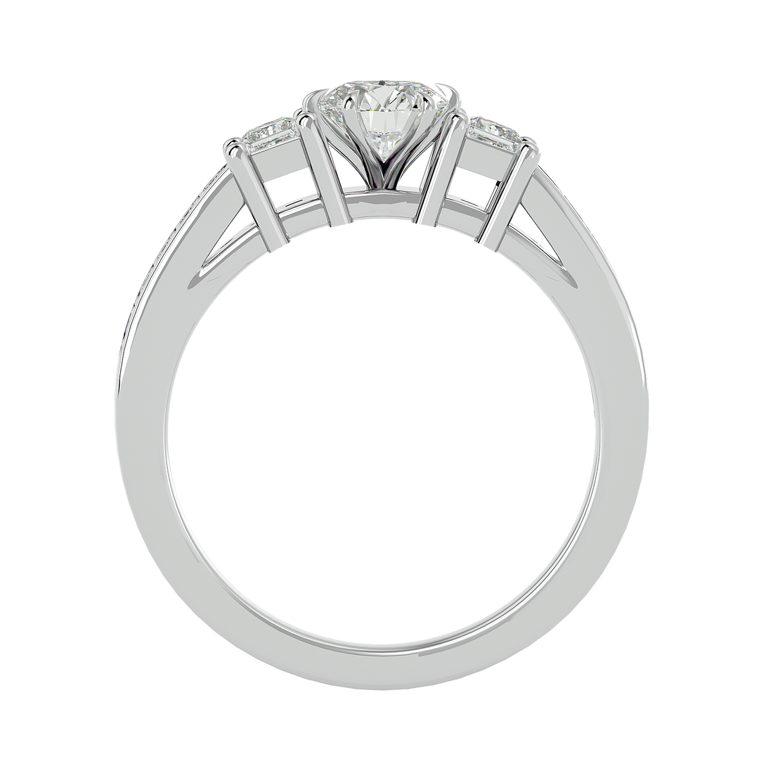 0.85 CT Round Center with Princess Cut Side Lab Grown Diamond Three Stone Ring | 13 Stone Gold Band