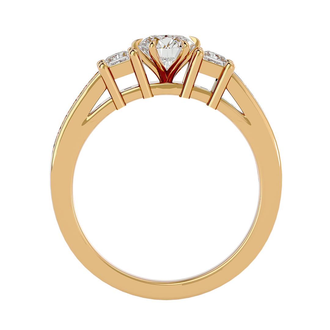 0.85 CT Round Center with Princess Cut Side Lab Grown Diamond Three Stone Ring | 13 Stone Gold Band