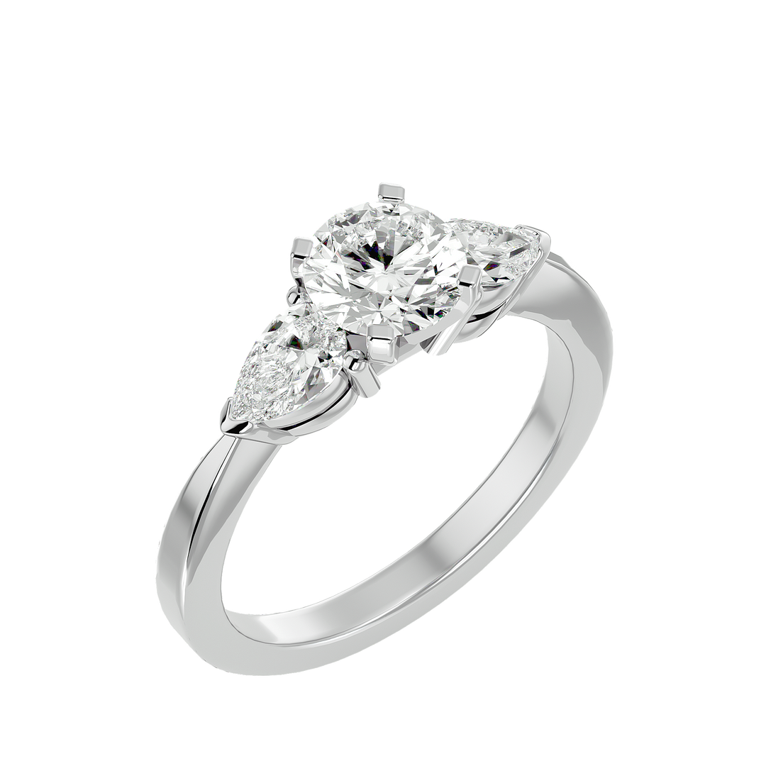 1.59 CT Round Center with Pear Side Lab Grown Diamond Three Stone Ring | 3 Stone Gold Band
