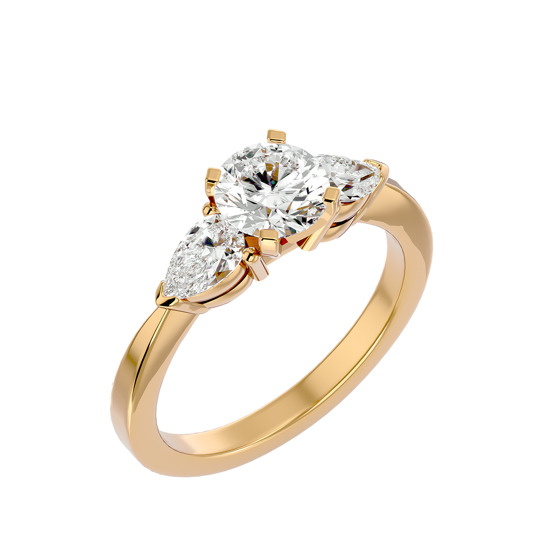 1.59 CT Round Center with Pear Side Lab Grown Diamond Three Stone Ring | 3 Stone Gold Band