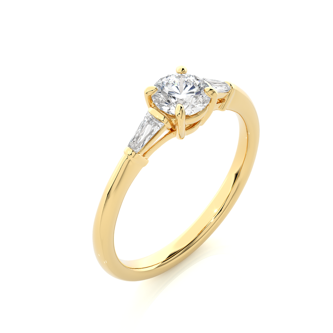0.93 CT Round Center with Tapered Baguette Side Lab Grown Diamond Three Stone Ring | 3 Stone Gold Band