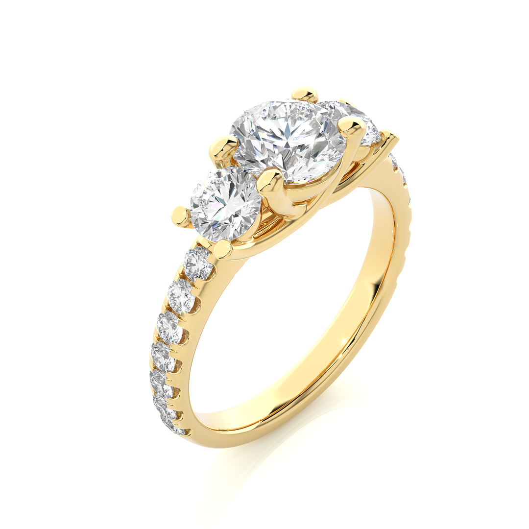 2.35 CT Round Center with Round Side Lab Grown Diamond Three Stone Ring | 17 Stone Gold Band