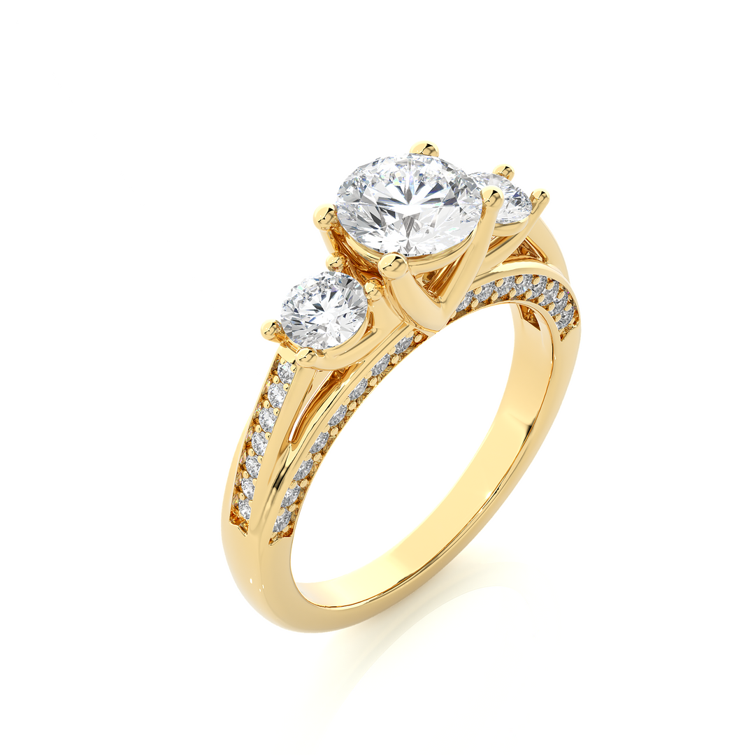 1.98 CT Round Center with Round Side Lab Grown Diamond Three Stone Ring | 49 Stone Gold Band