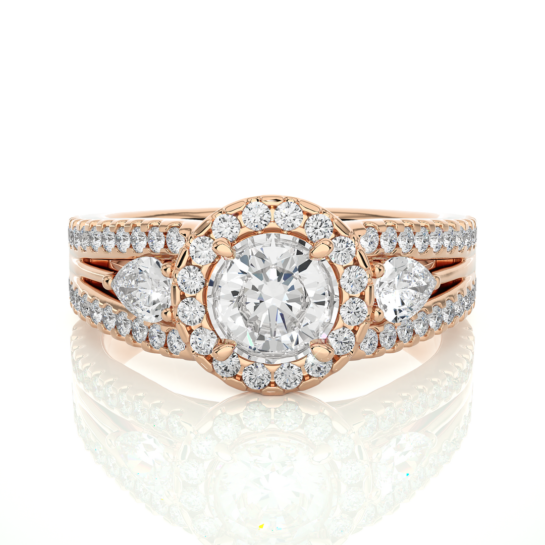 1.43 CT Round Center with Pear & Round Side Lab Grown Diamond Halo Ring | Split Shank, 83 Stone Gold Band