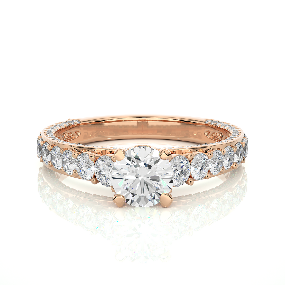 1.79 CT Round Center with Round Side Lab Grown Diamond Three Stone Ring | 111 Stone Gold Band