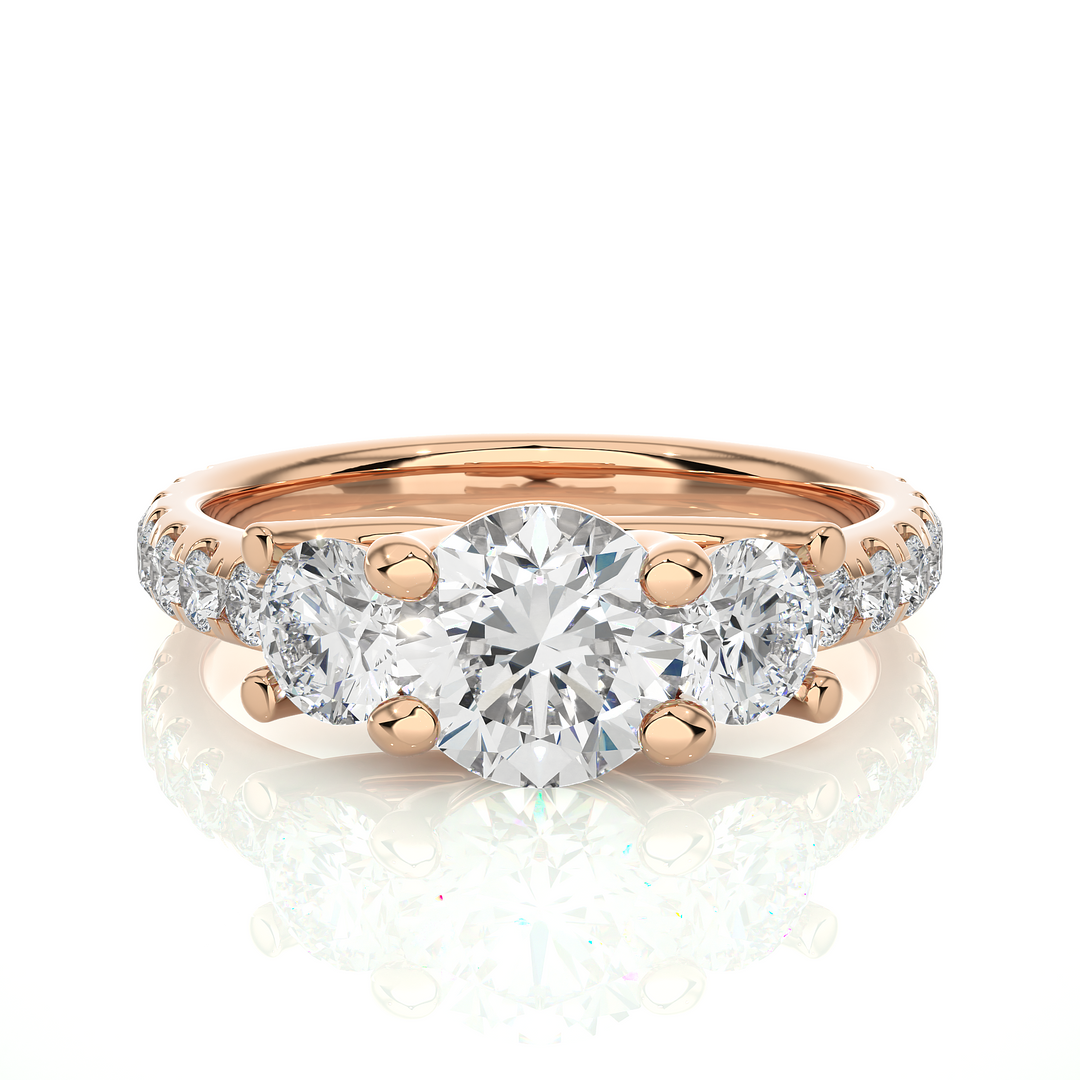 2.35 CT Round Center with Round Side Lab Grown Diamond Three Stone Ring | 17 Stone Gold Band