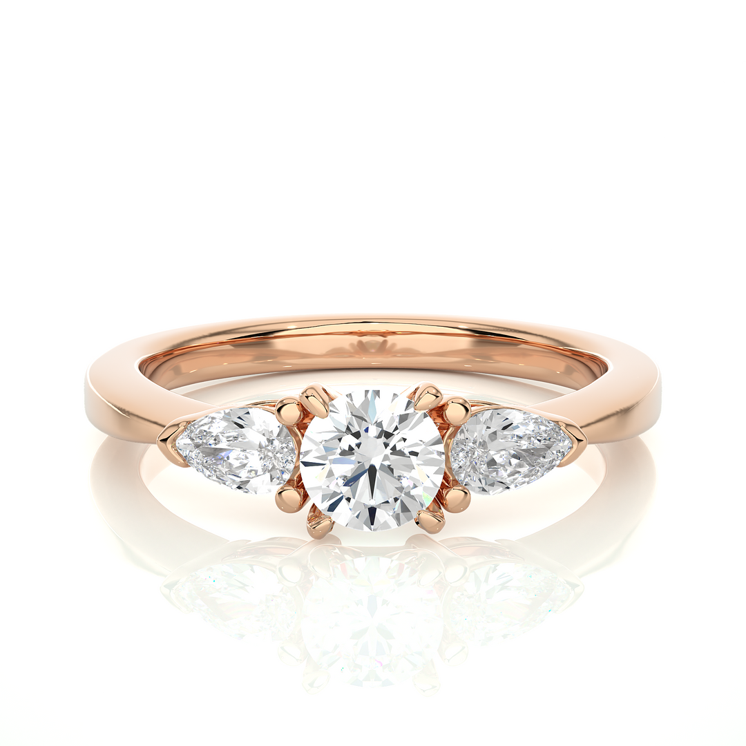 0.99 CT Round Center with Pear Side Lab Grown Diamond Three Stone Ring | 3 Stone Gold Band