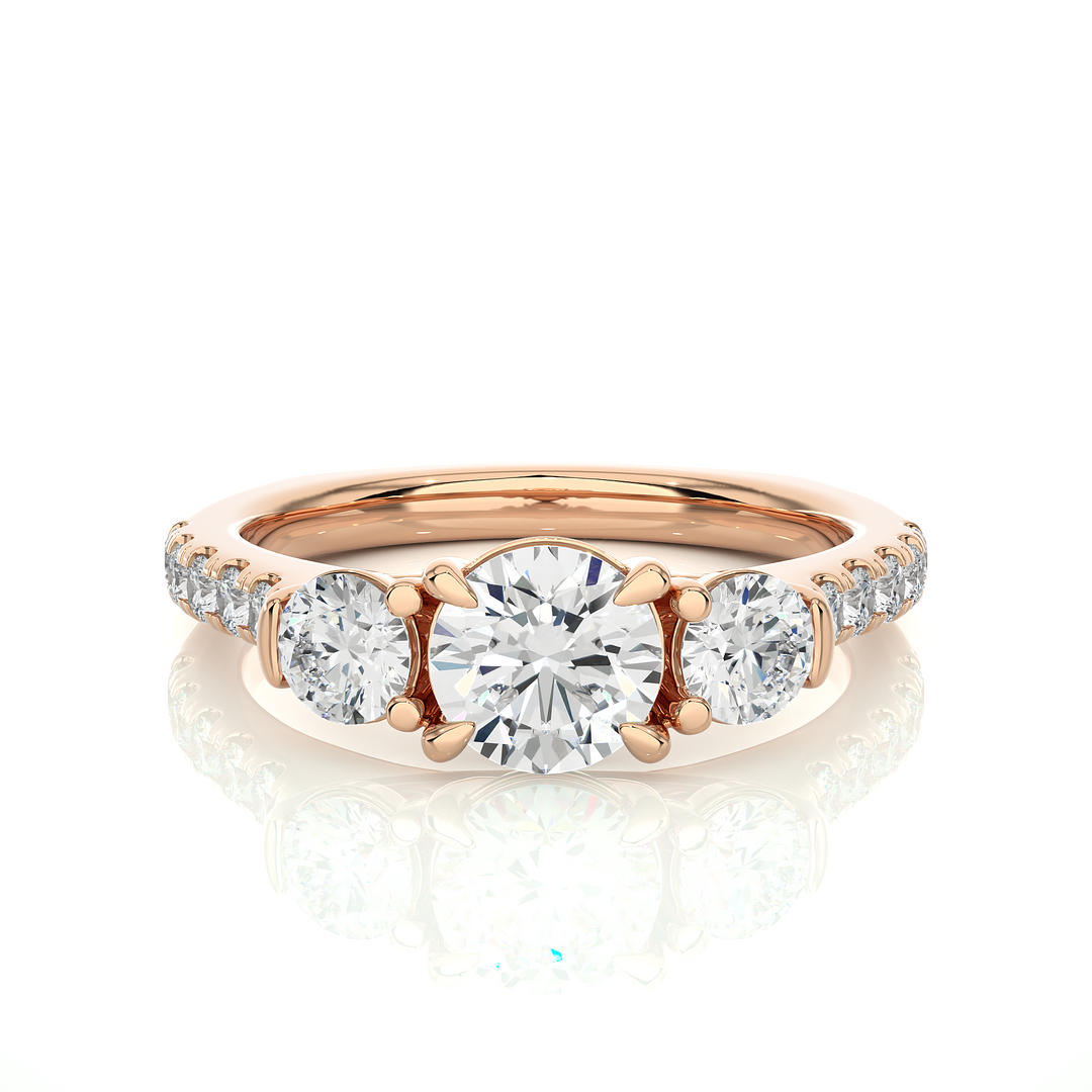 1.55 CT Round Center with Round Side Lab Grown Diamond Three Stone Ring | 13 Stone Gold Band