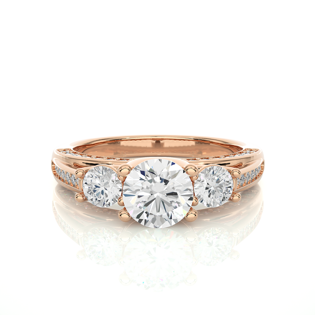 1.98 CT Round Center with Round Side Lab Grown Diamond Three Stone Ring | 49 Stone Gold Band