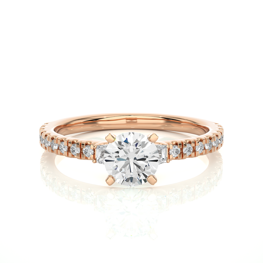 0.97 CT Round Center with Baguette & Round Side Lab Grown Diamond Three Stone Ring | 21 Stone Gold Band