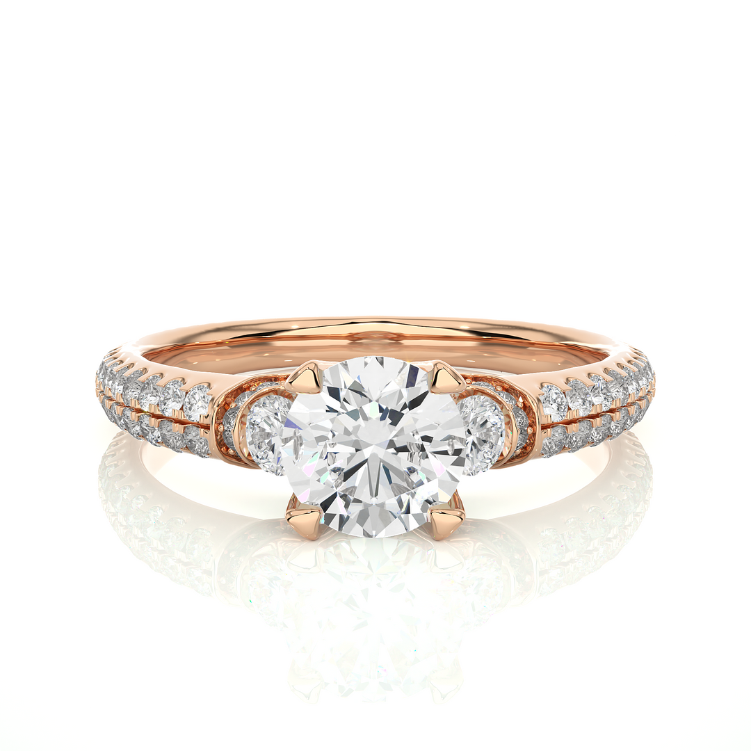 1.45 CT Round Center with Round Side Lab Grown Diamond Three Stone Ring | 105 Stone Gold Band