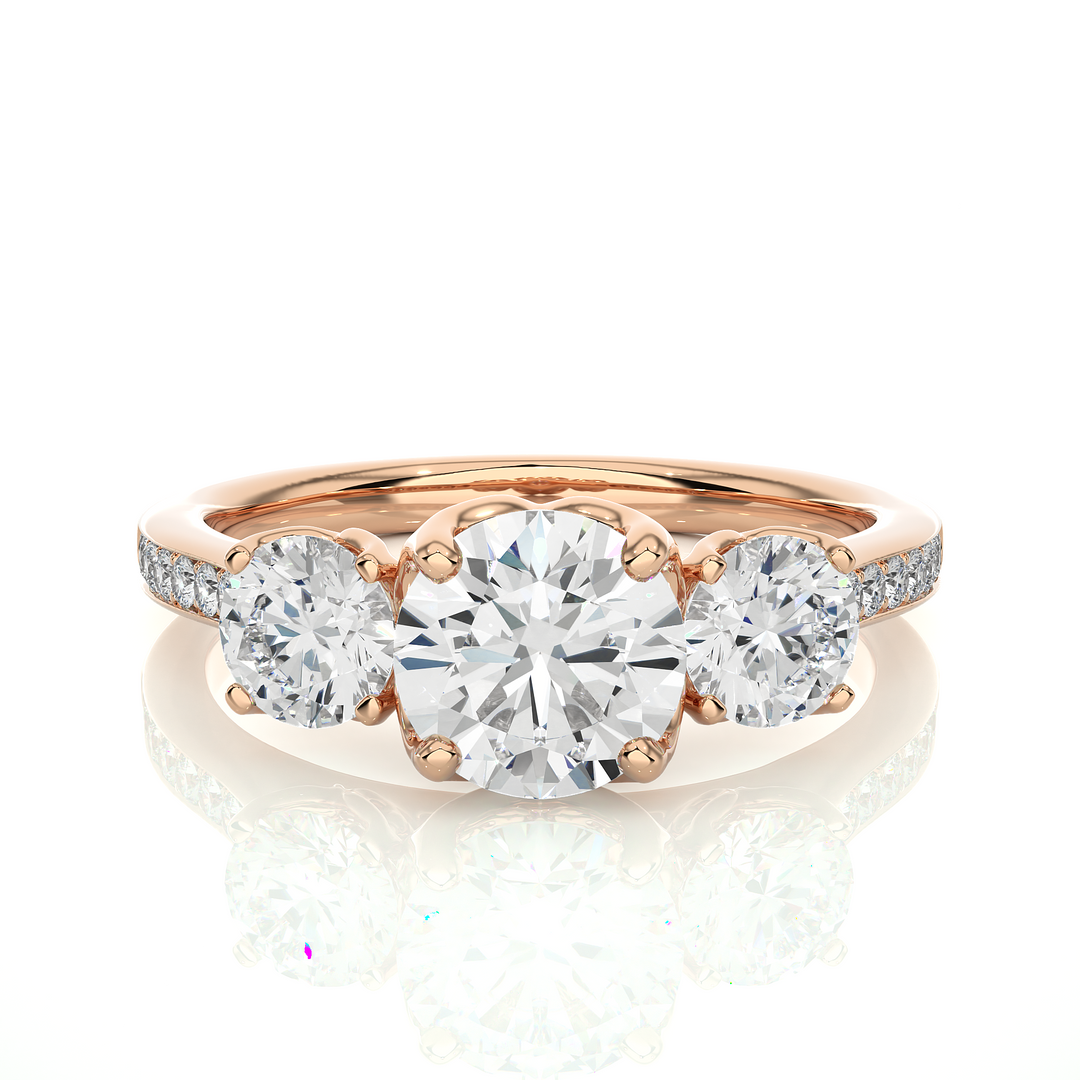 1.80 CT Round Center with Round Side Lab Grown Diamond Three Stone Ring | 19 Stone Gold Band