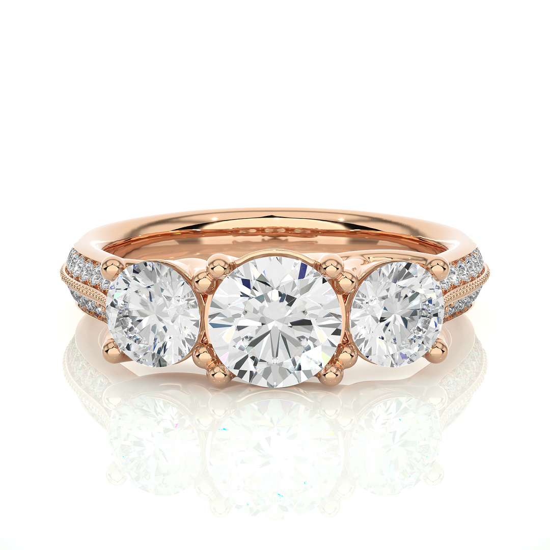 2.23 CT Round Center with Round Side Lab Grown Diamond Three Stone Ring | 43 Stone Gold Band