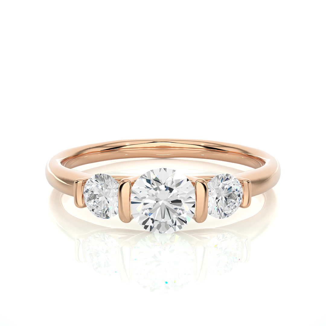 0.88 CT Round Lab Grown Diamond Bar Setting Ring | 3 Stone Gold Band