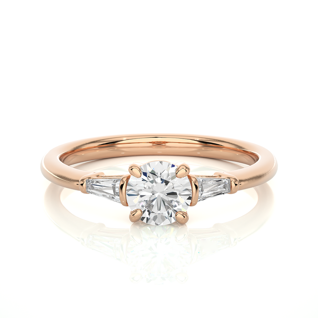 0.93 CT Round Center with Tapered Baguette Side Lab Grown Diamond Three Stone Ring | 3 Stone Gold Band