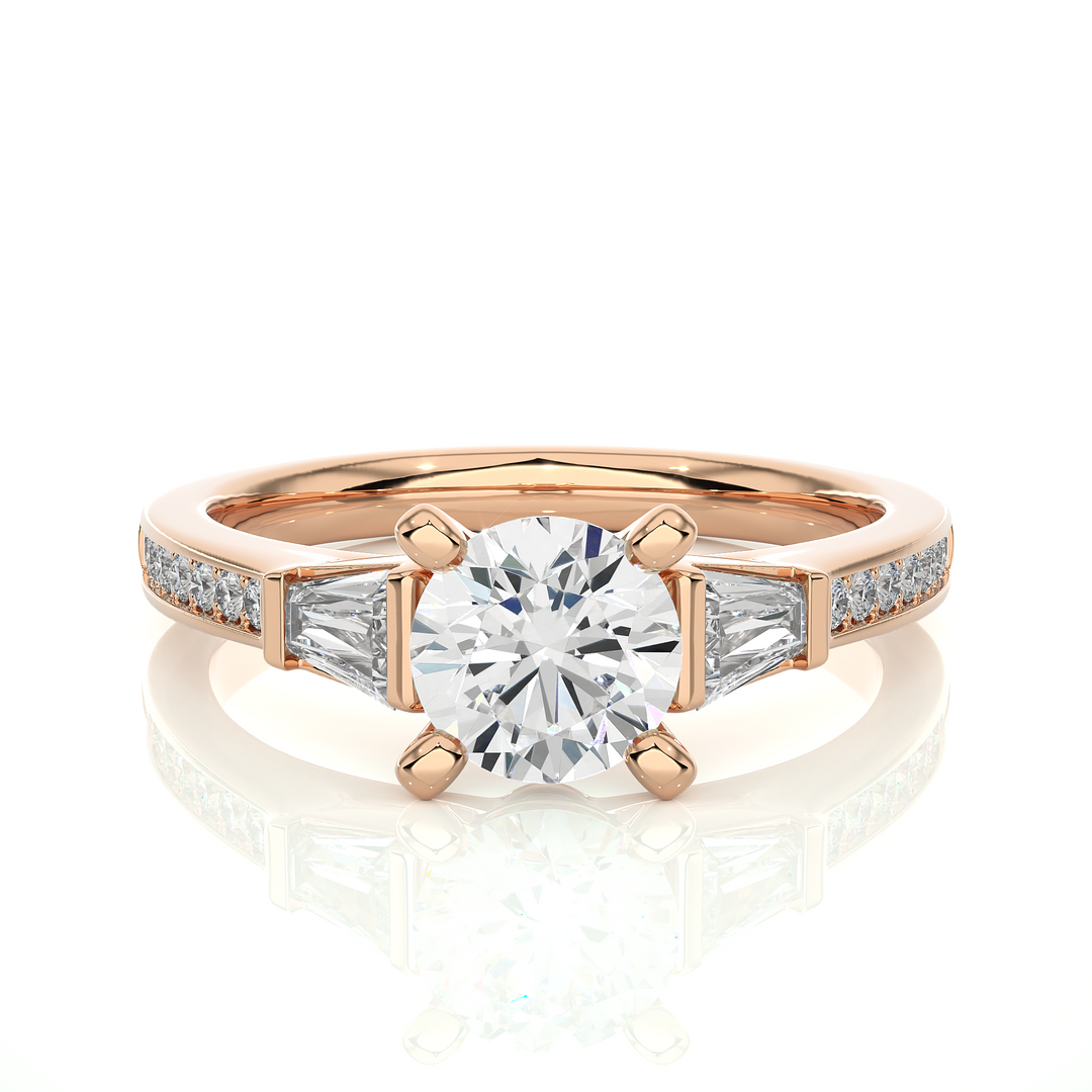 1.69 CT Round Center with Baguette & Round Side Lab Grown Diamond Three Stone Ring | 17 Stone Gold Band