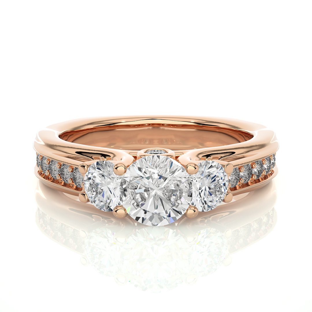 1.70 CT Round Center with Round Side Lab Grown Diamond Three Stone Ring | 21 Stone Gold Band