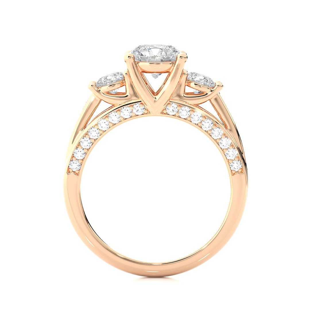 1.98 CT Round Center with Round Side Lab Grown Diamond Three Stone Ring | 49 Stone Gold Band