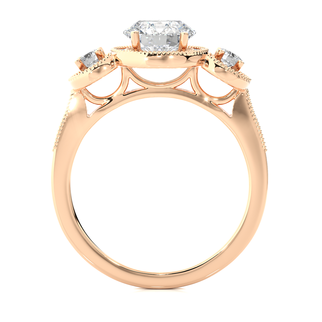 1.43 CT Round Lab Grown Diamond Halo Ring with Milgrain & Round Side Stones | 51 Stone Gold Band