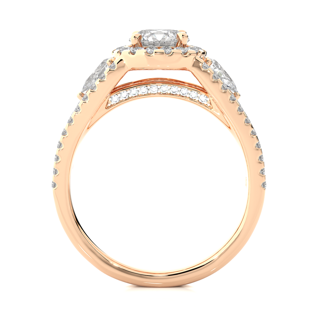 1.43 CT Round Center with Pear & Round Side Lab Grown Diamond Halo Ring | Split Shank, 83 Stone Gold Band
