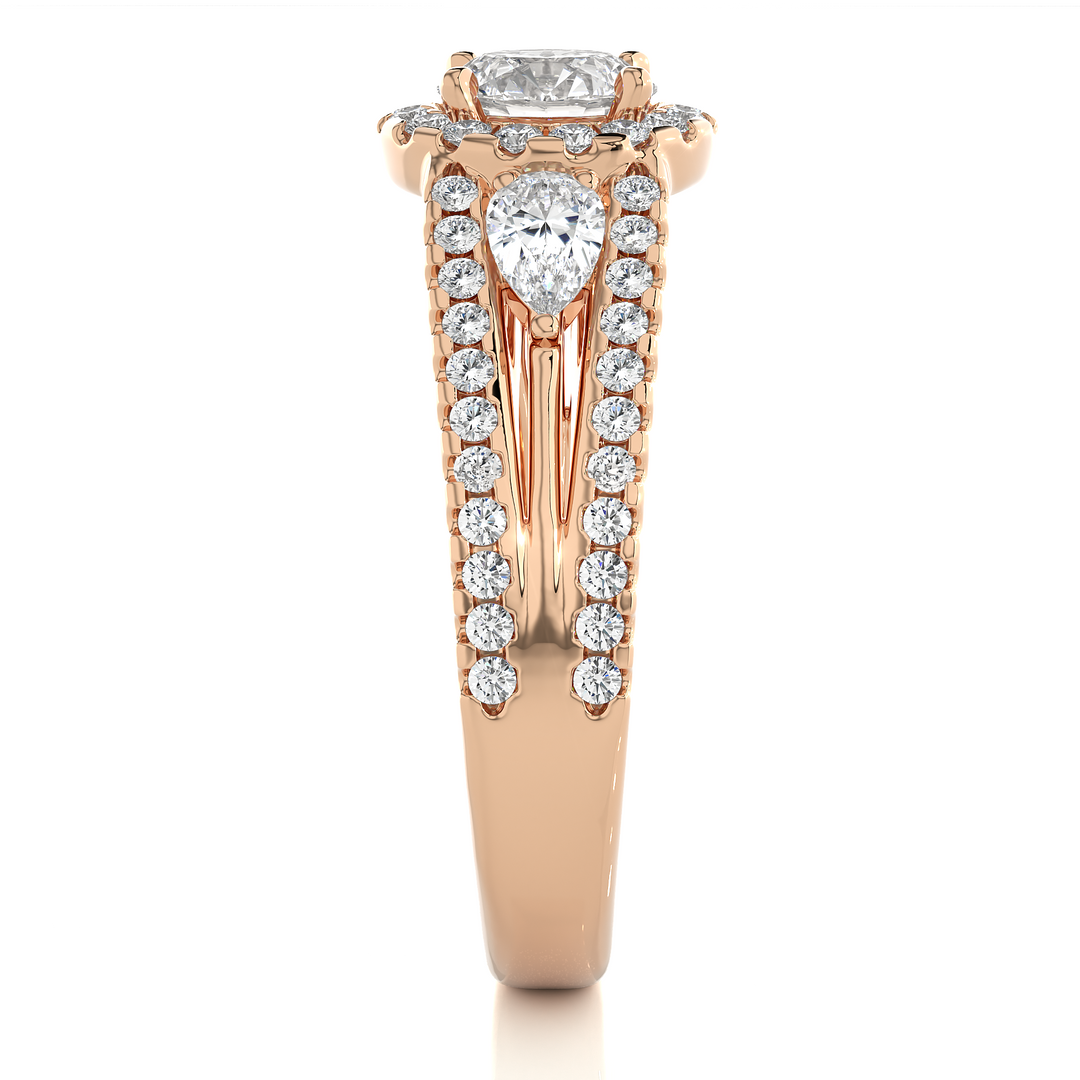1.43 CT Round Center with Pear & Round Side Lab Grown Diamond Halo Ring | Split Shank, 83 Stone Gold Band