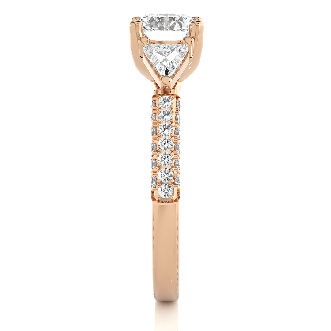 1.43 CT Round Center with Trillion & Round Side Lab Grown Diamond Three Stone Ring | 43 Stone Gold Band