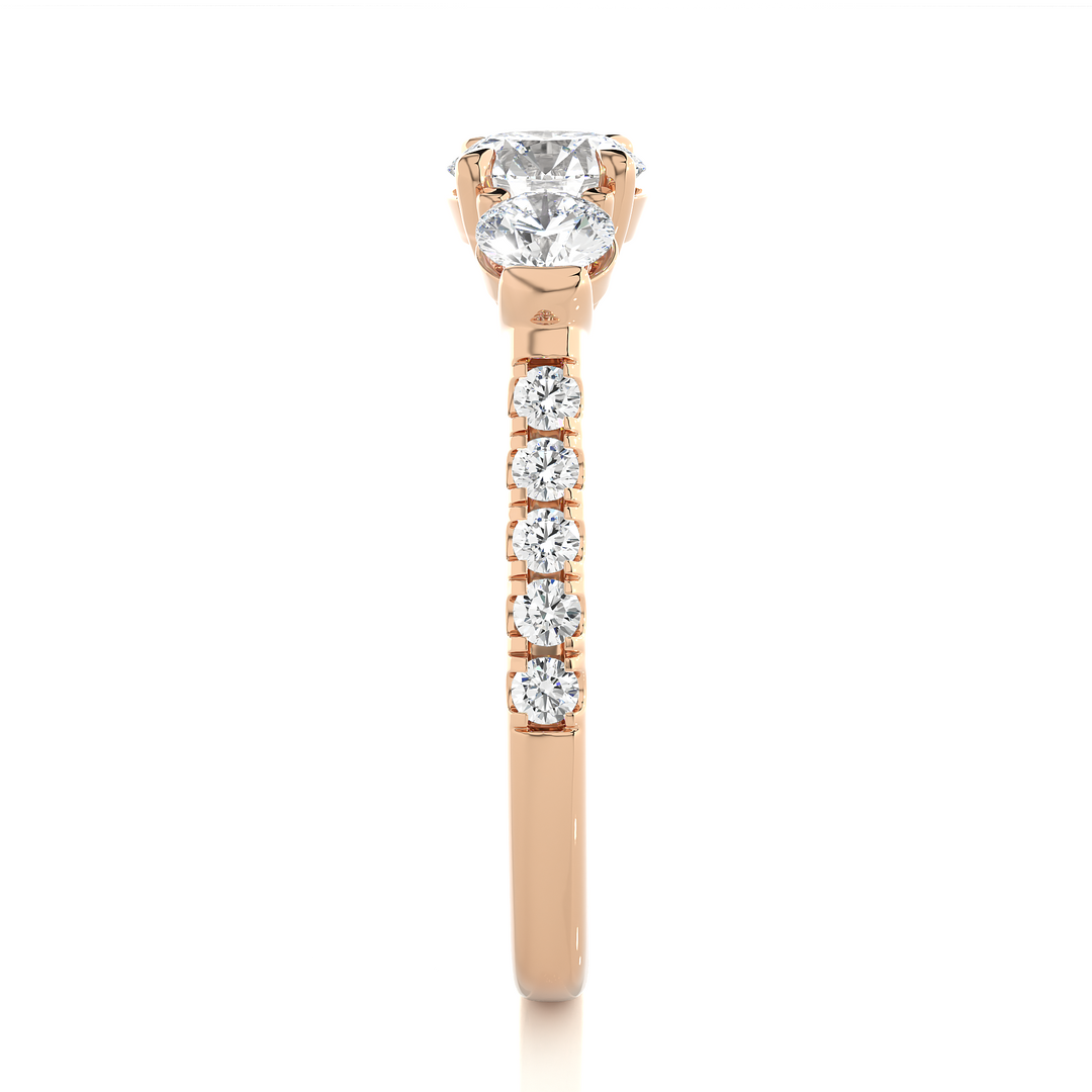 1.55 CT Round Center with Round Side Lab Grown Diamond Three Stone Ring | 13 Stone Gold Band