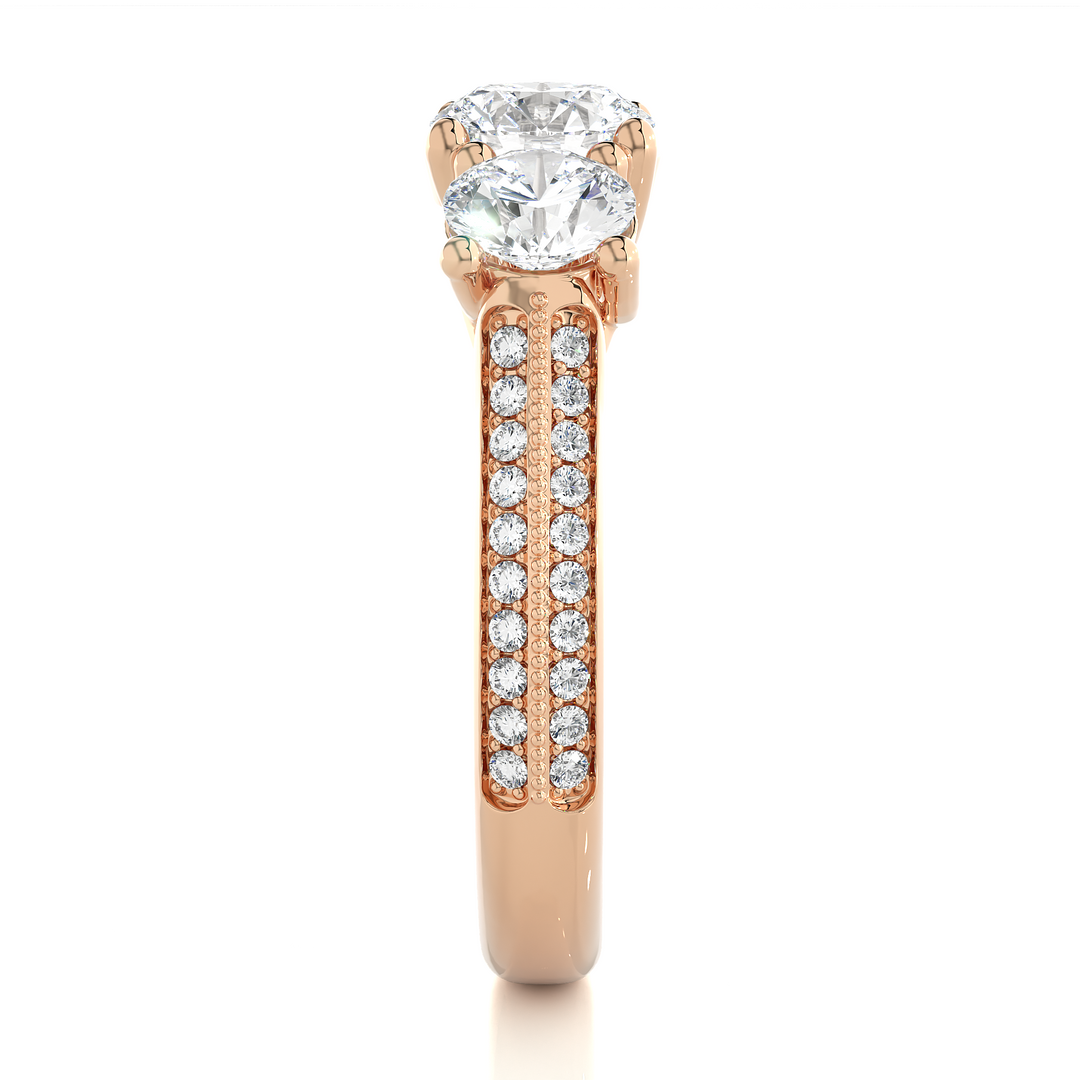 2.23 CT Round Center with Round Side Lab Grown Diamond Three Stone Ring | 43 Stone Gold Band