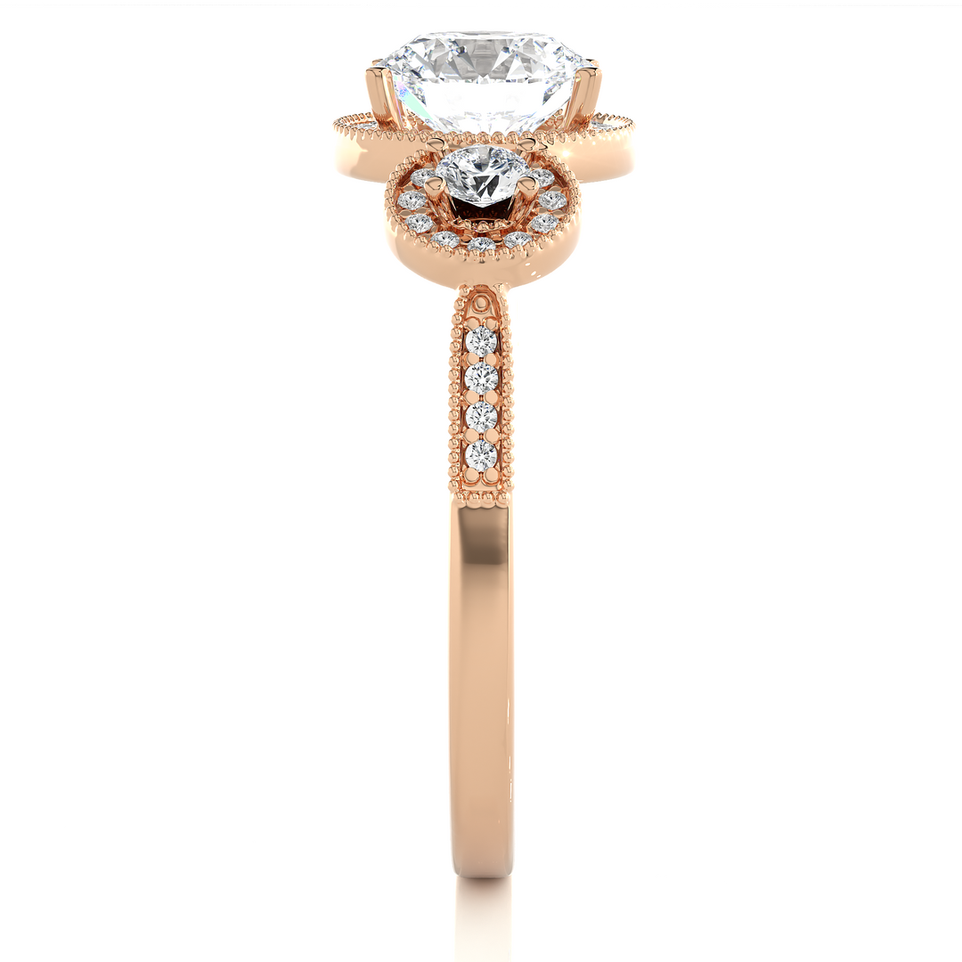 1.43 CT Round Lab Grown Diamond Halo Ring with Milgrain & Round Side Stones | 51 Stone Gold Band