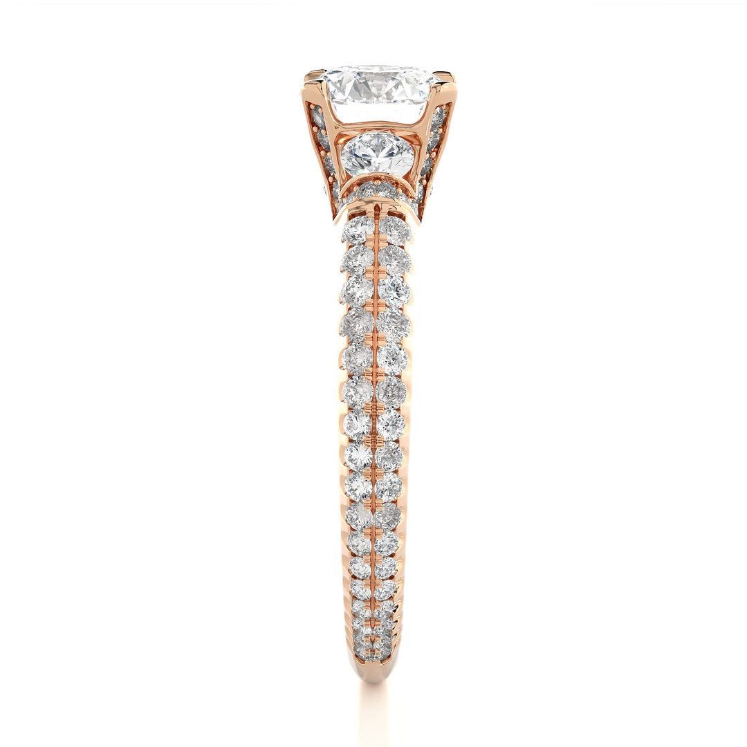 1.45 CT Round Center with Round Side Lab Grown Diamond Three Stone Ring | 105 Stone Gold Band