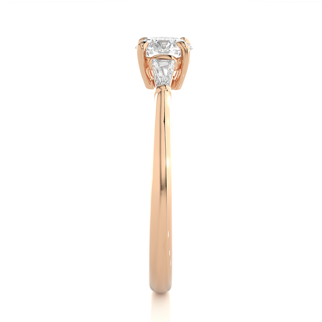 0.93 CT Round Center with Tapered Baguette Side Lab Grown Diamond Three Stone Ring | 3 Stone Gold Band