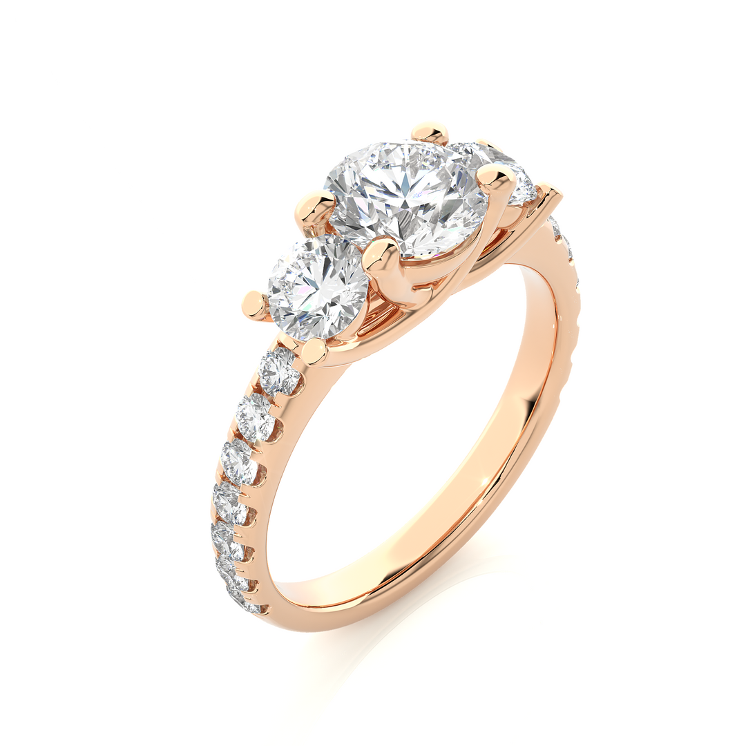 2.35 CT Round Center with Round Side Lab Grown Diamond Three Stone Ring | 17 Stone Gold Band