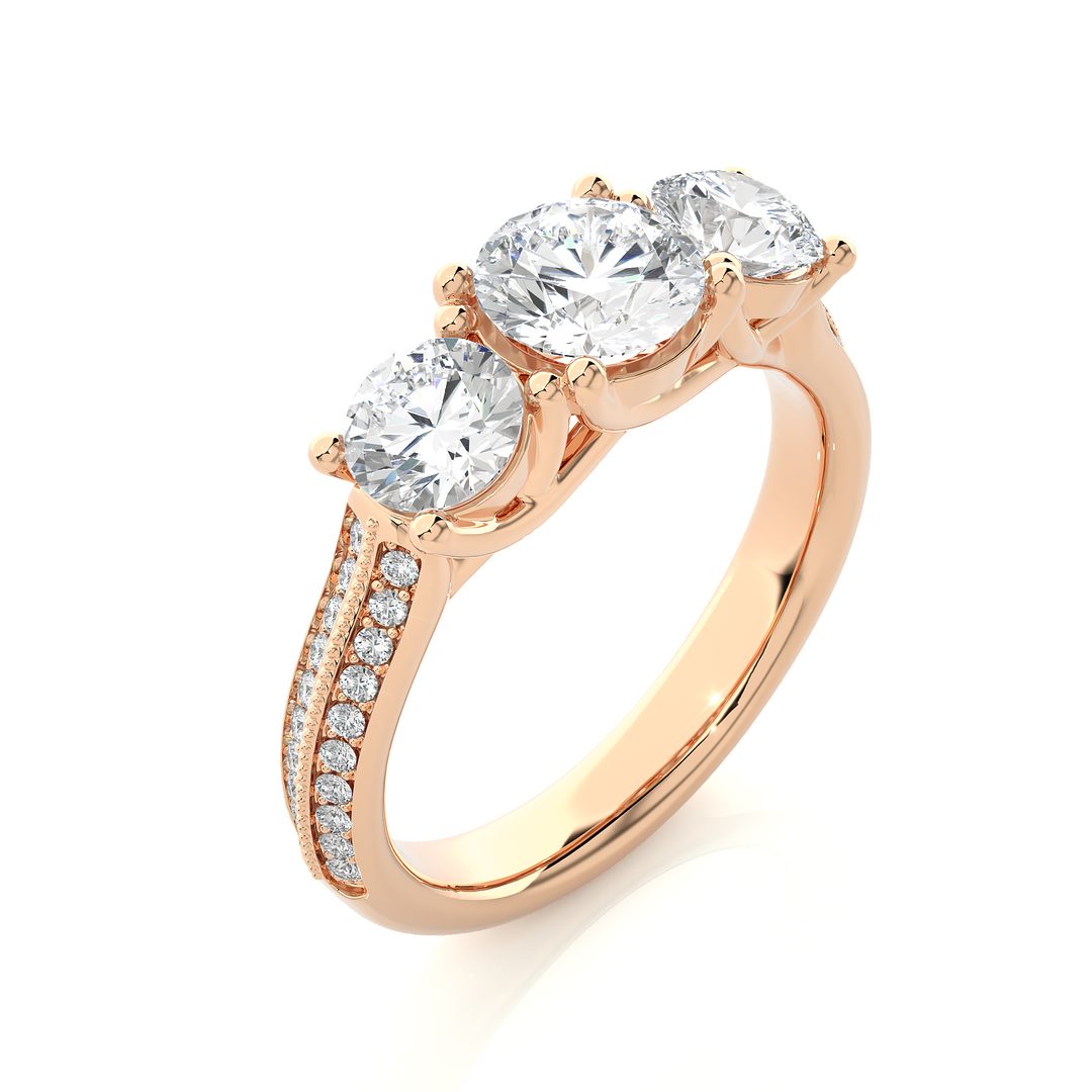 2.23 CT Round Center with Round Side Lab Grown Diamond Three Stone Ring | 43 Stone Gold Band