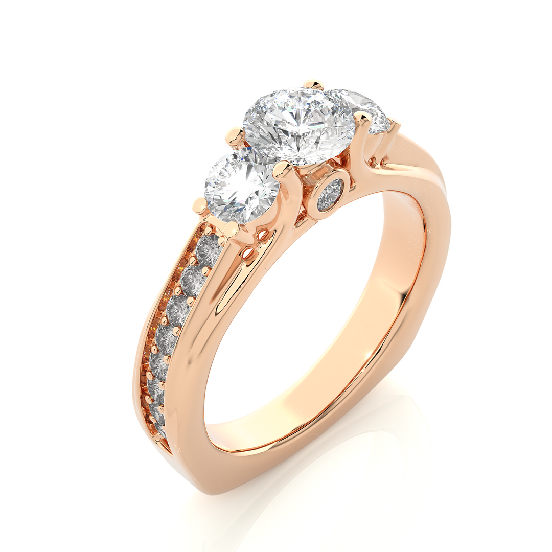 1.70 CT Round Center with Round Side Lab Grown Diamond Three Stone Ring | 21 Stone Gold Band