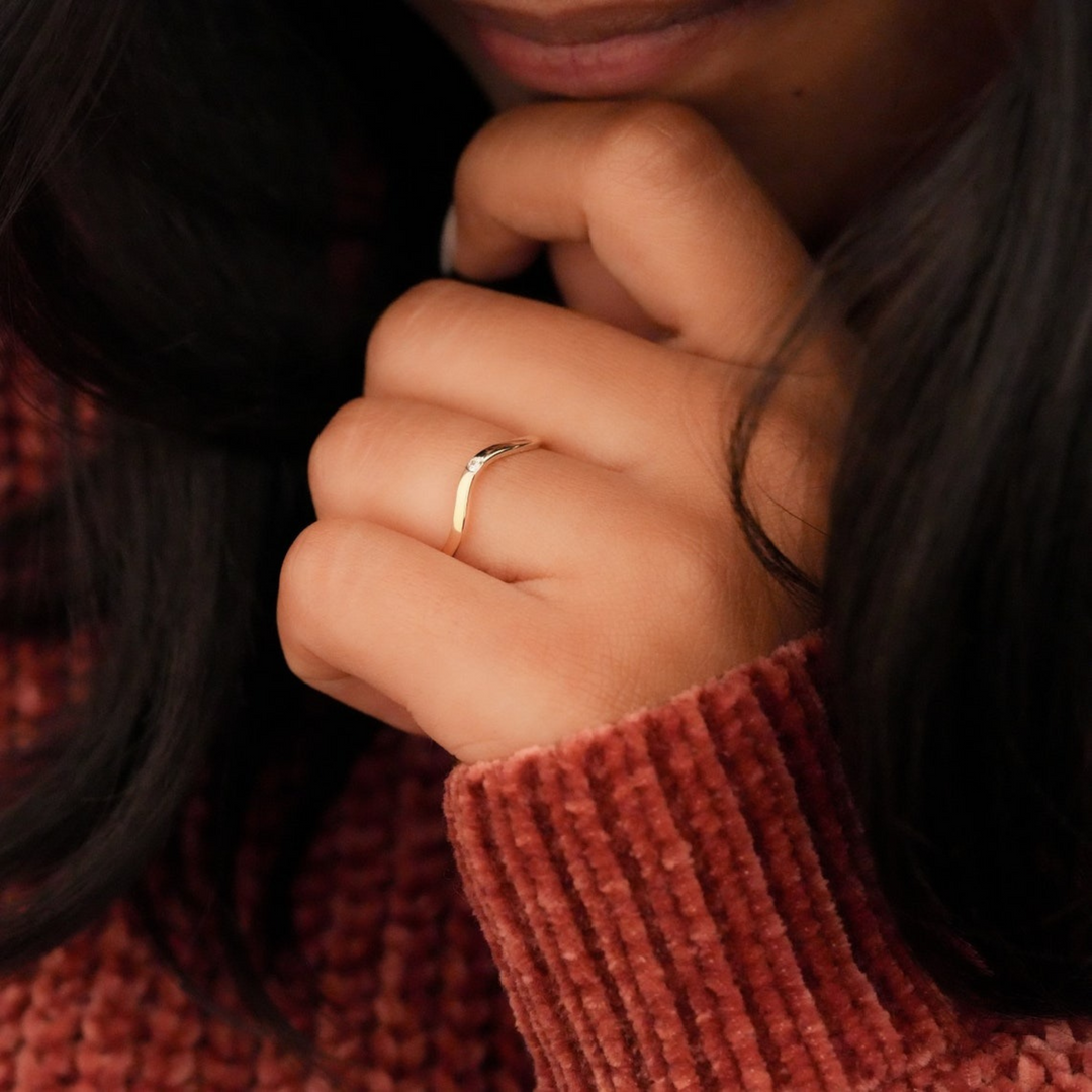 Wavy Gold Band with Lab Grown Diamond | 0.02 Carat | Minimalist Stackable Ring | 10K/14K/18K Yellow Gold