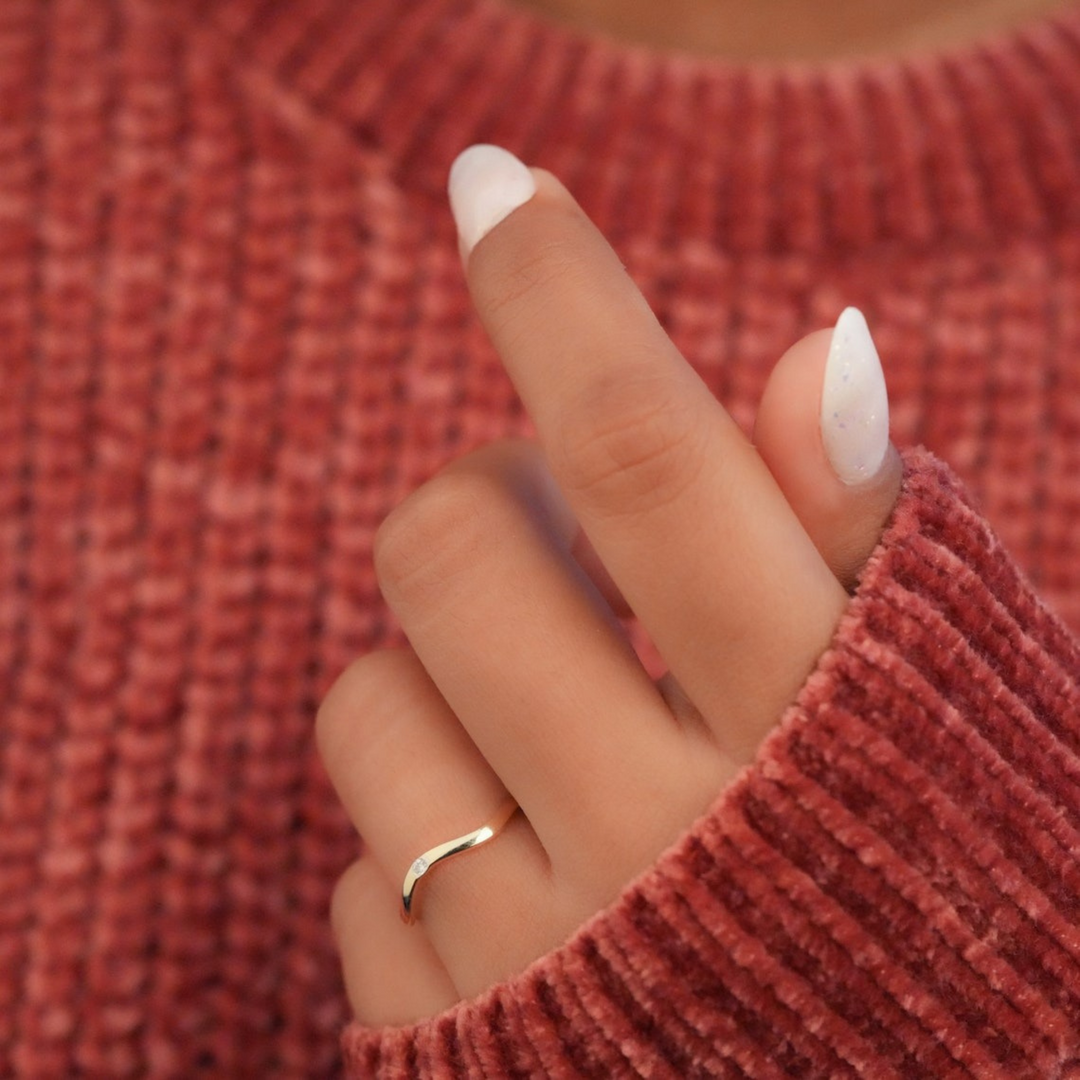 Wavy Gold Band with Lab Grown Diamond | 0.02 Carat | Minimalist Stackable Ring | 10K/14K/18K Yellow Gold