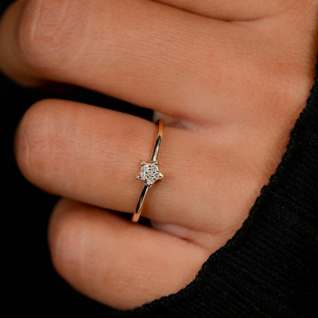 Star Diamond Ring in Yellow Gold | 0.04 Carat | Lab Grown | Dainty Pavé Celestial Ring | 10K/14K/18K