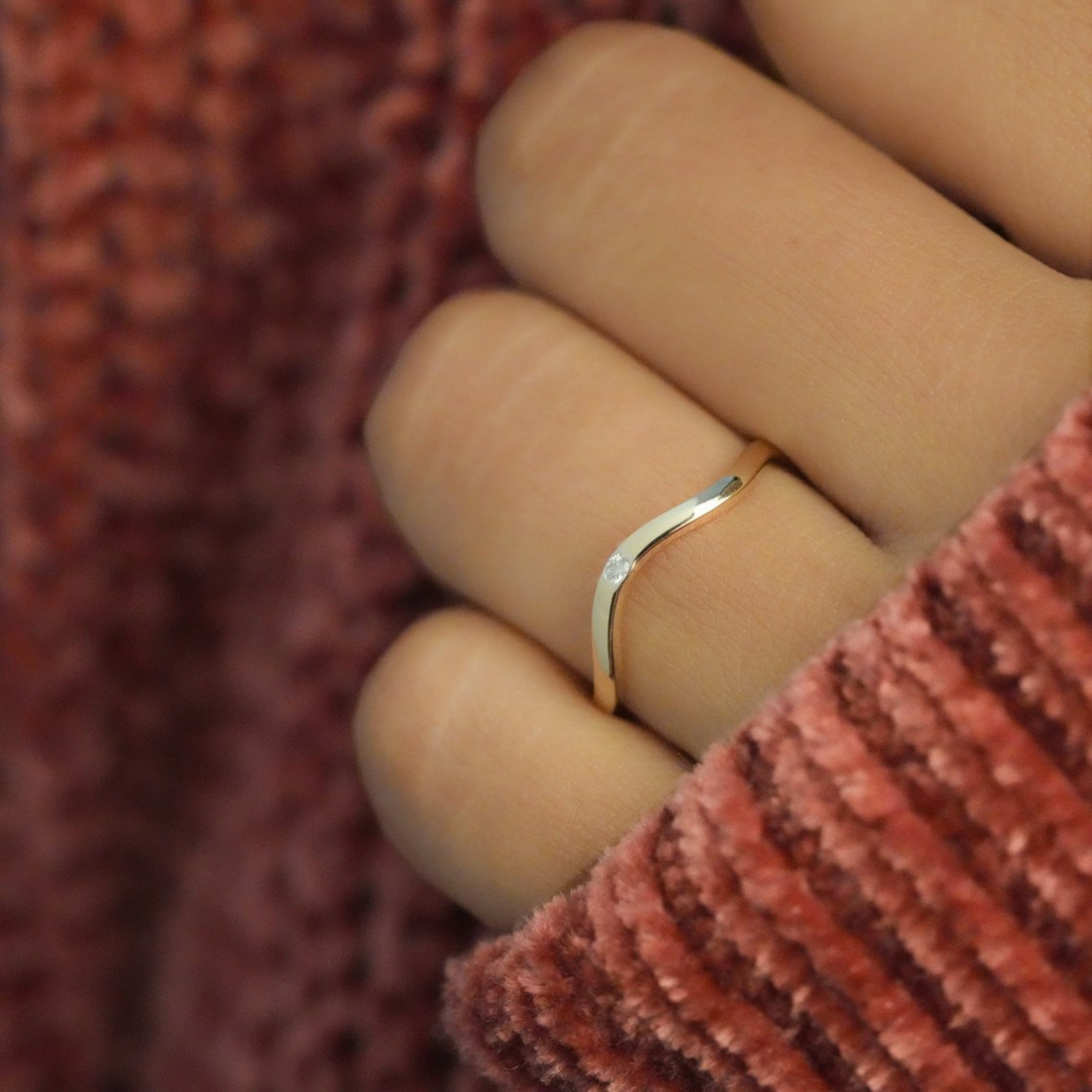 Wavy Gold Band with Lab Grown Diamond | 0.02 Carat | Minimalist Stackable Ring | 10K/14K/18K Yellow Gold