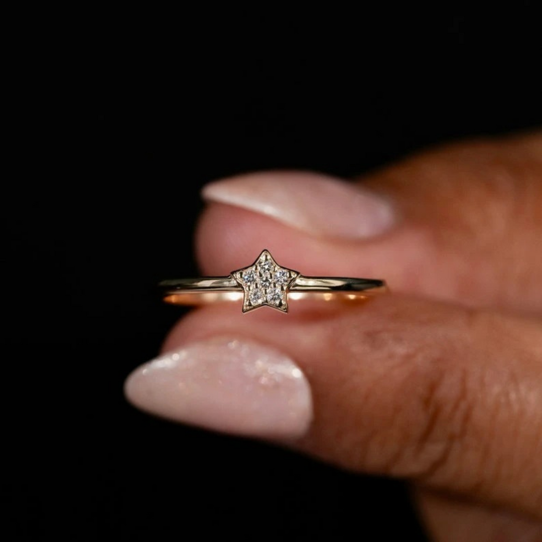 Star Diamond Ring in Yellow Gold | 0.04 Carat | Lab Grown | Dainty Pavé Celestial Ring | 10K/14K/18K