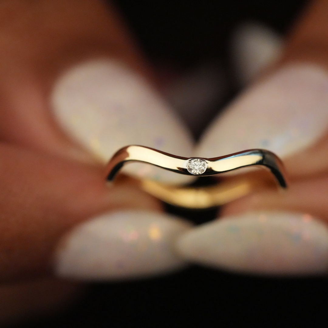 Wavy Gold Band with Lab Grown Diamond | 0.02 Carat | Minimalist Stackable Ring | 10K/14K/18K Yellow Gold