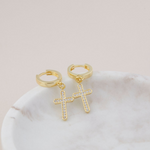 Load image into Gallery viewer, Lab-Grown Diamond Cross Dangle Huggie Earrings – 0.34 Ct | Spiritual Drop Earrings for Women