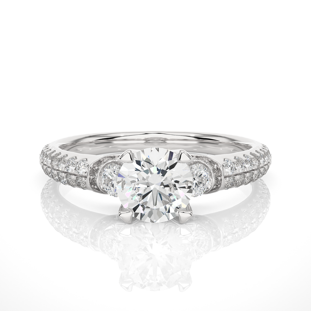 1.45 CT Round Center with Round Side Lab Grown Diamond Three Stone Ring | 105 Stone Gold Band