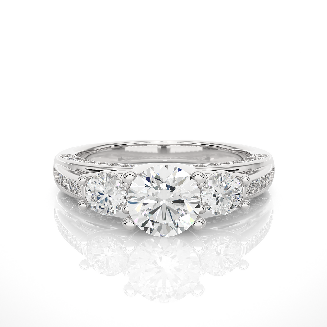 1.98 CT Round Center with Round Side Lab Grown Diamond Three Stone Ring | 49 Stone Gold Band