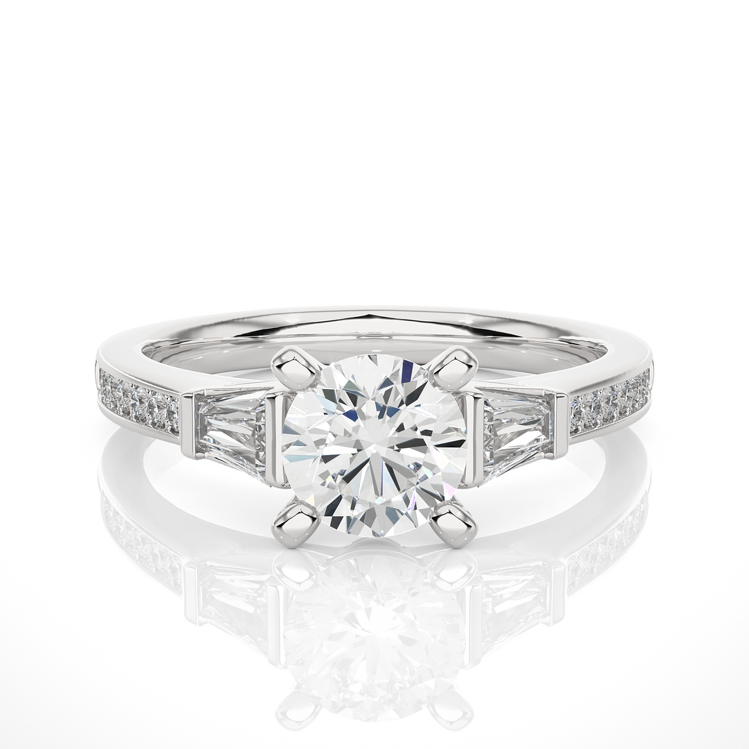 1.69 CT Round Center with Baguette & Round Side Lab Grown Diamond Three Stone Ring | 17 Stone Gold Band